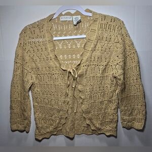 Vintage White Stag Large Women's Dark Cream Sweater Front Tie Ruffled Crotchet